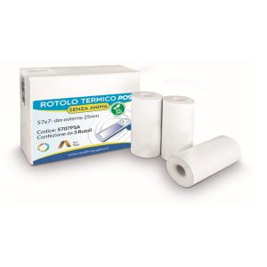 Rotolo per POS e carte di credito - carta termica BPA free - 57 mm x 7 mt - 55 g/m2 - diametro esterno 25 mm - senza anima - Rotolificio Pugliese - blister 3 pezzi - immagine 1