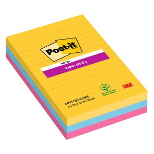 Blocco Post it® Super Sticky - 4690-3SS-CARN - a righe - 101 x 152 mm - colori Carnival - 90 fogli - Post it® - conf. 3 pezzi - immagine 1