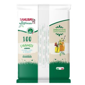 Cannuccia in carta - 14 cm - nero/bianco-avana - imbustata singolarmente - Samurai Party - conf. 100 pezzi - immagine 1