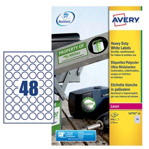 Etichette adesive tonde L4716 - in poliestere - laser - permanenti - diametro 30 mm - 48 et/fg - 20 fogli - bianco - Avery - immagine 1