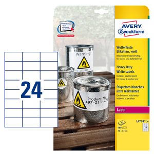 Etichette adesive L4718 - in poliestere - laser - permanenti - 70 x 37 mm - 24 et/fg - 20 fogli - bianco - Avery - immagine 1