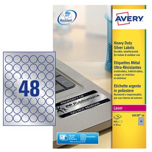 Etichette adesive tonde L6129 - in poliestere - laser - permanenti - diametro 30 mm - 48 et/fg - 20 fogli - argento - Avery - immagine 1