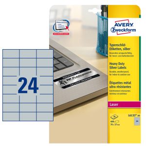 Etichette adesive L6133 - in poliestere - laser - permanenti - 70 x 37 mm - 24 et/fg - 20 fogli - argento - Avery - immagine 1