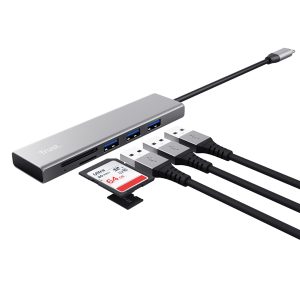 Hub USB-C veloce e lettore di schede - 3 porte - argento - Trust - immagine 1