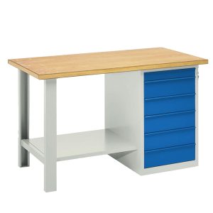 Banco da lavoro - 6 cassetti blu - 150 x 75 x 90 cm - grigio/legno - Tecnotelai - immagine 1