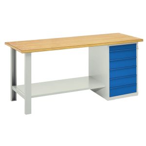 Banco da lavoro - 6 cassetti blu - 200 x 75 x 90 cm - grigio/legno - Tecnotelai - immagine 1