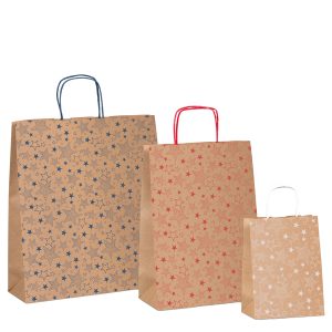 Shopper natale - 26 x 12 x 36 cm - carta kraft - fantasia stelline - colori assortiti - Rex Sadoch - immagine 1
