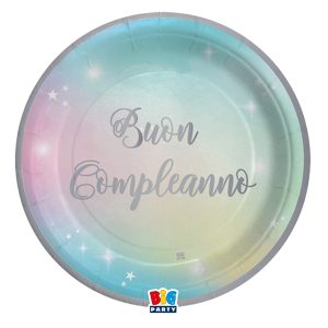 Piatto Soft Rainbow - Buon Compleanno - diametro 24 cm - carta - Big Party - conf. 8 pezzi - immagine 1
