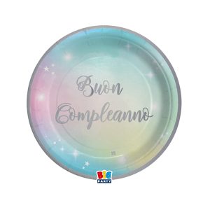 Piatto Soft Rainbow - Buon Compleanno - diametro 18 cm - carta - Big Party - conf. 8 pezzi - immagine 1