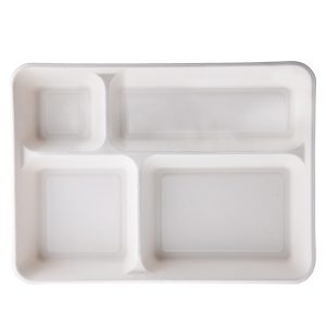 Vassoio biodegradabile - 4 scomparti - 37 x 27 x 3,6 cm - canna da zucchero - bianco - Signor Bio - conf. 40 pezzi - immagine 1