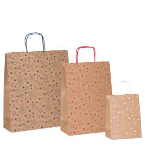 Shopper natale - 16 x 8 x 21 cm - carta kraft - fantasia stelline - colori assortiti - Sadoch - immagine 1